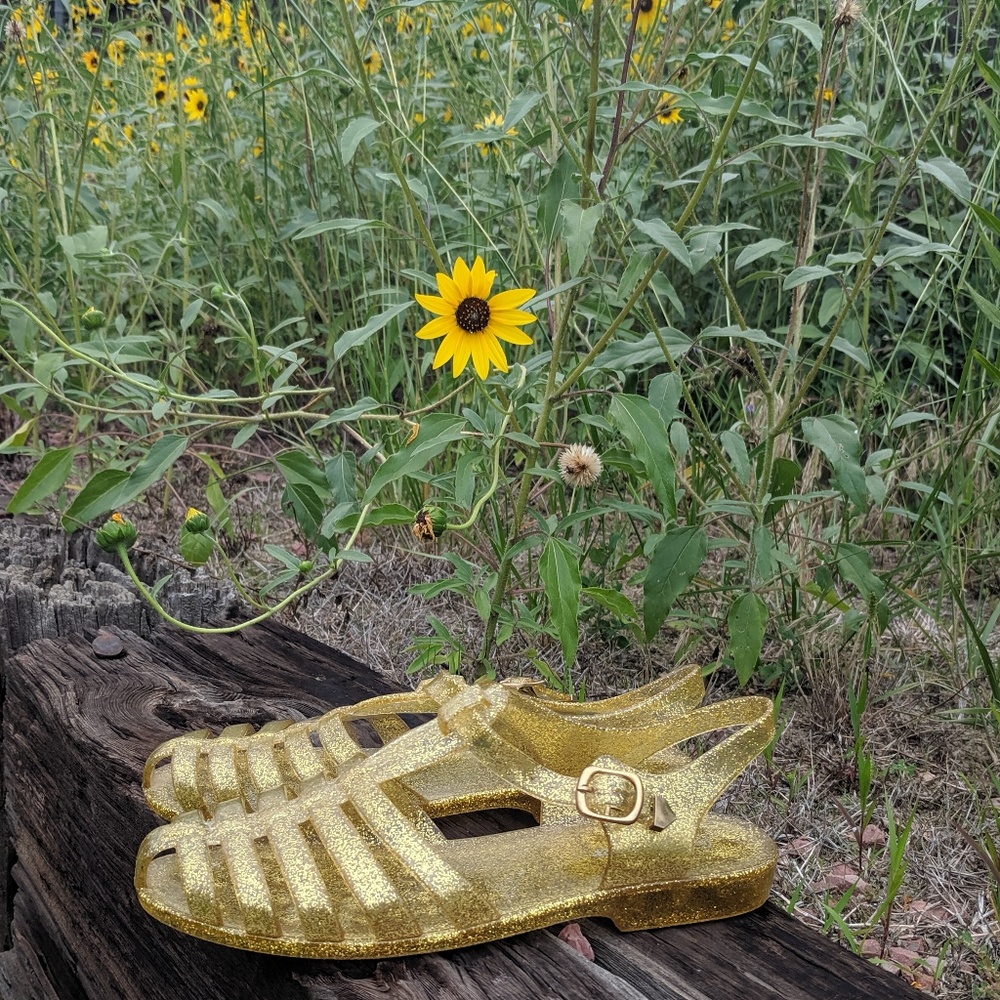 F21 Gold Sparkle Jelly Sandals Glitter Women 6